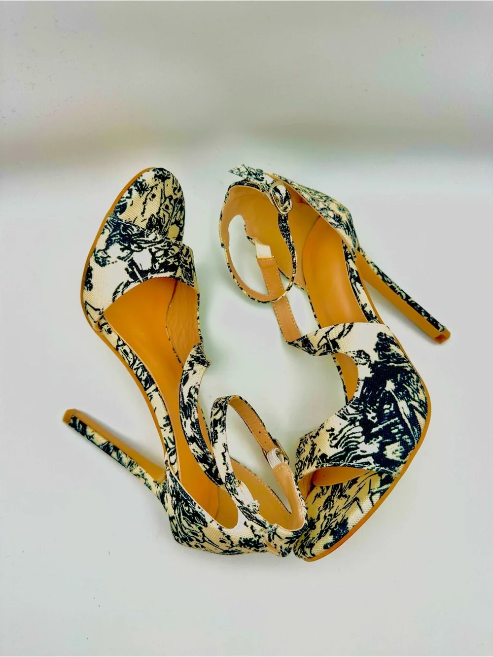 Black & Cream Floral Print Ankle Strap Heels - Size 38 - New